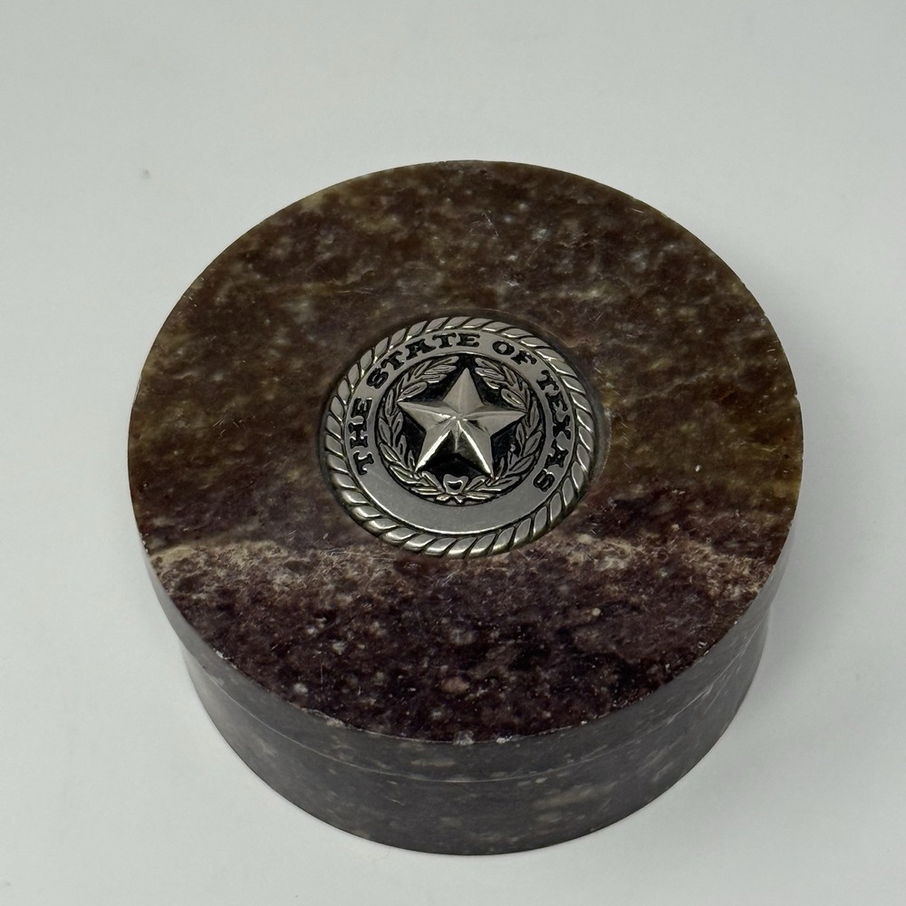 The State Of Texas Marble Granite Trinket Keepsake Gift Box Vtg Metal Emblem